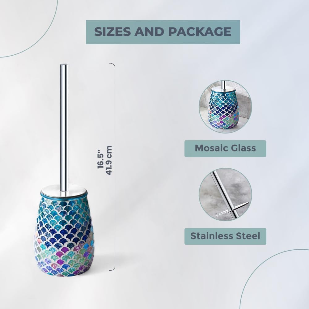 Escenzy Mermaid Bathroom Toilet Brush and Holder Set Mosaic Glass | Non-Rustic Stainless Steel |