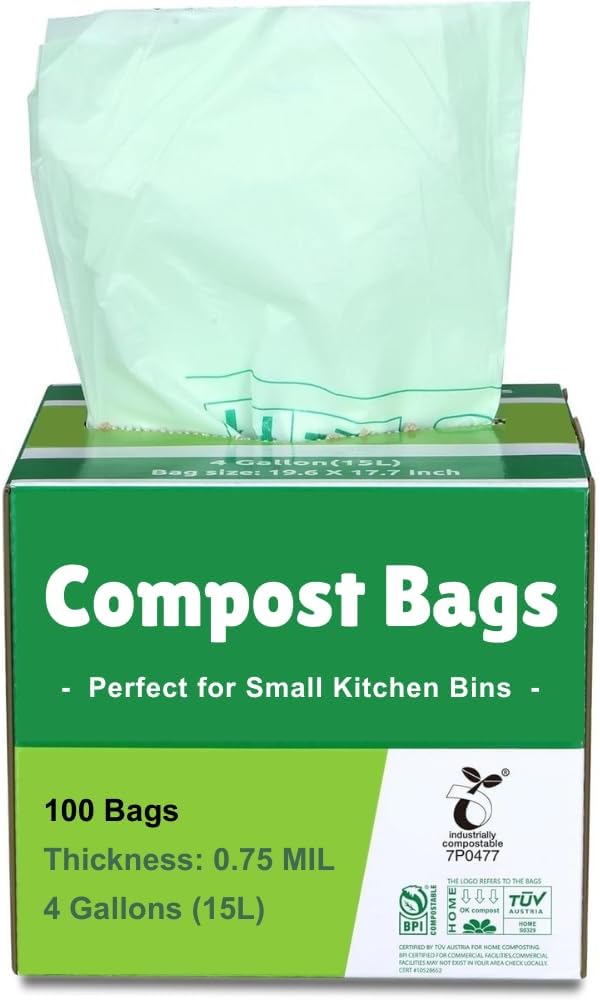 Primode 100% Compostable Bags, 4 Gallon (15L) Food Scraps Yard Waste Bags, Extra Thick 0.75 Mil.