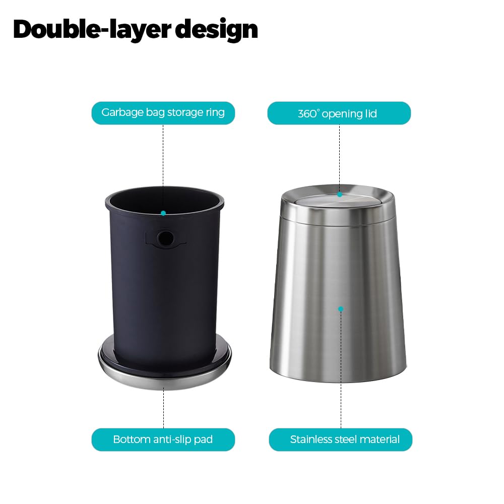 2.1 Gallon Bathroom Trash can with Lid, Small Brushed Silver Garbage Can, Stainless Steel Waste