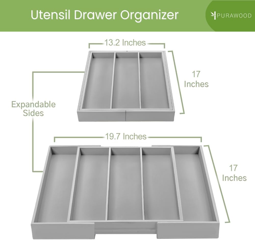 Purawood Kitchen Drawer Organizer - Expandable Utensil Drawer Organizer for Kitchen, Cutlery Tray &
