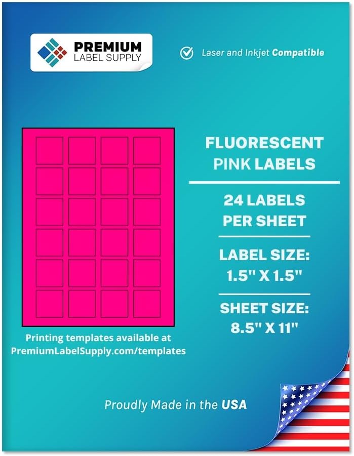 Premium Label Supply Bright Neon Color Fluorescent Sticker Labels - 1.5" x 1.5" Square Labels