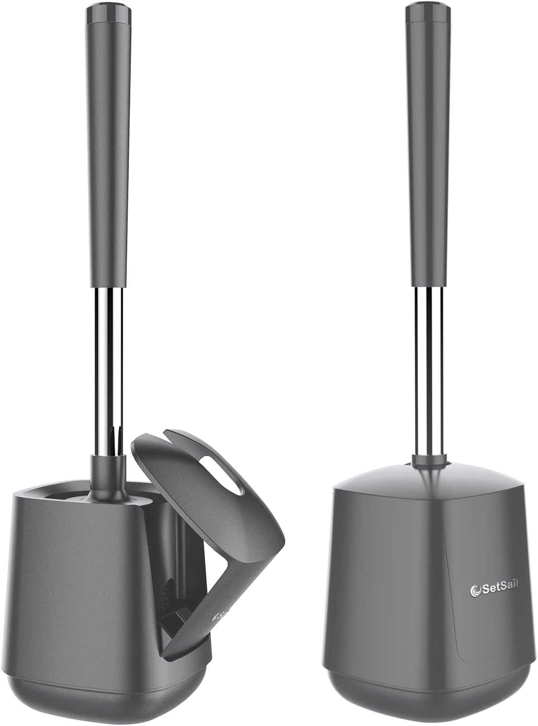 SetSail Toilet Brush and Holder 2 Pack, Self Closing Lid Toilet Bowl Brushes Holder and Extra Long
