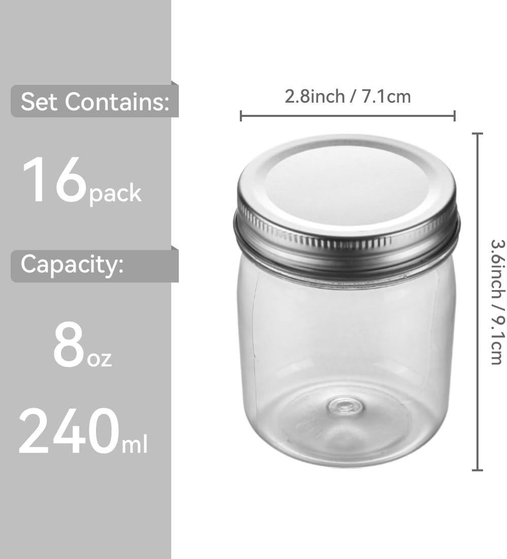 Plastic Mason Jars Reusable Storage Containers with Silver Airtight Lid 8 Ounce Clear Jars for Dry