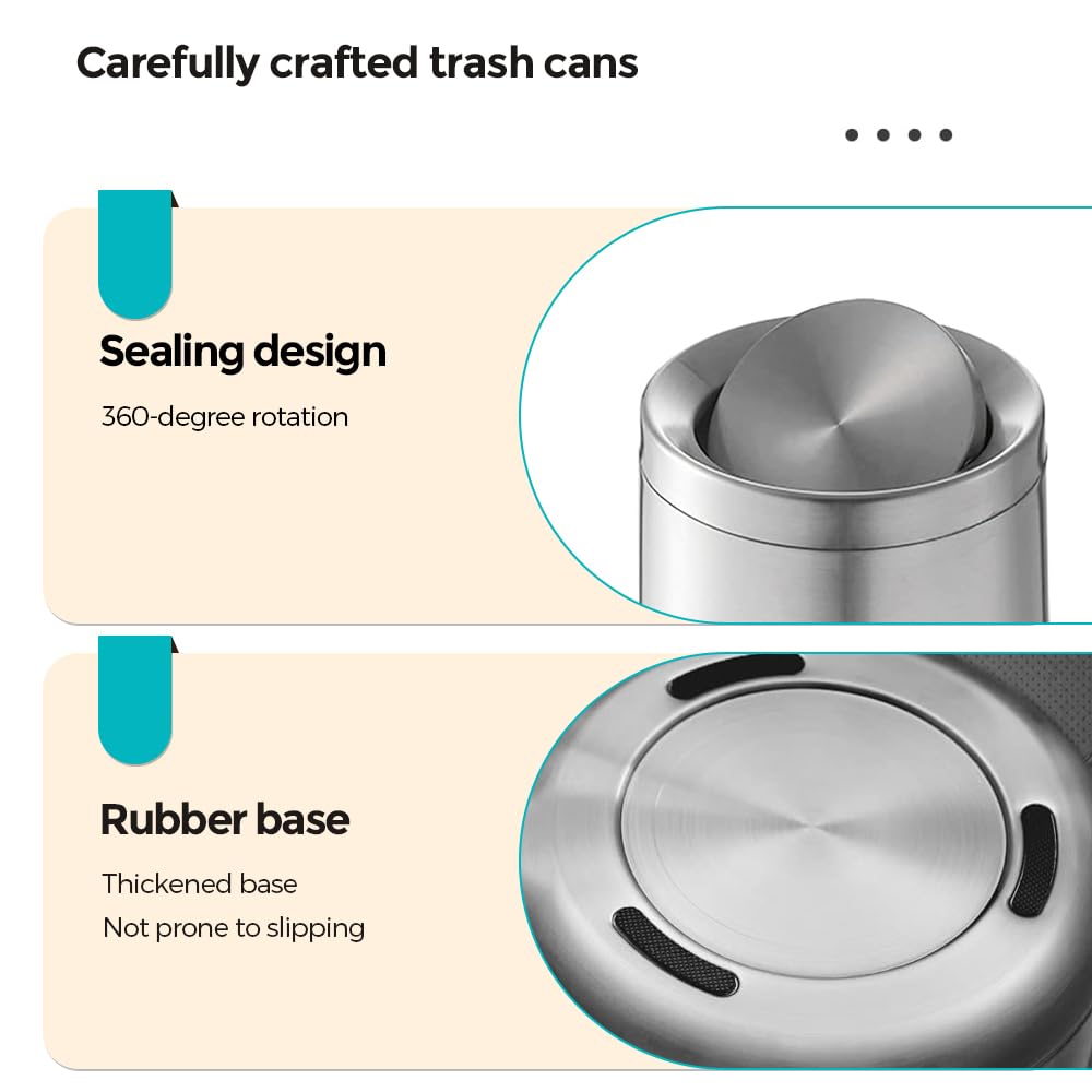 2.1 Gallon Bathroom Trash can with Lid, Small Brushed Silver Garbage Can, Stainless Steel Waste