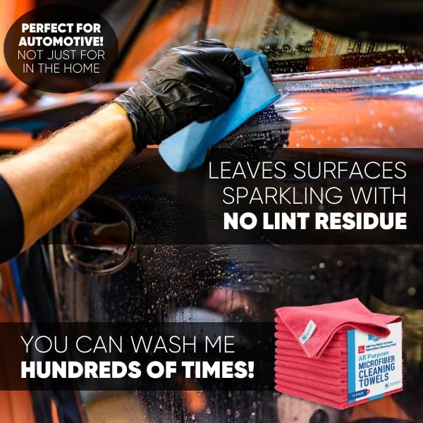 MW Pro Microfiber Cleaning Cloth | Red (12 Pack) | Size 16" x 16" | All Purpose Microfiber Towels