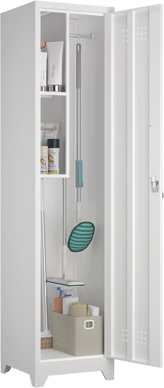 Slim Broom Storage Cabinets, Metal Cabinet with Shelves and Hanging Rod, 65" Utility Storage