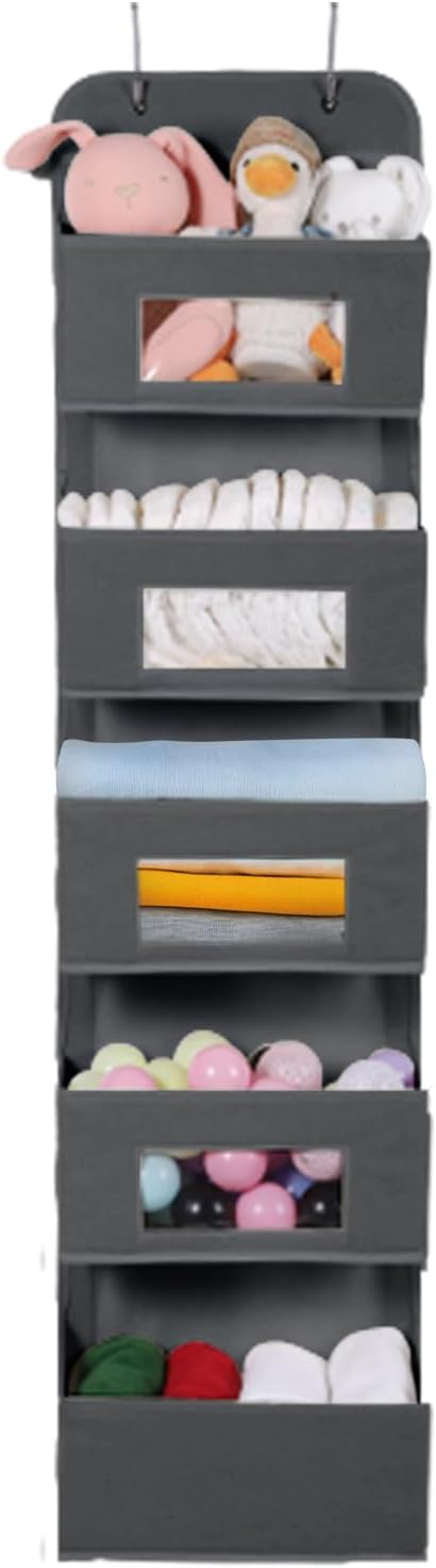 5-Shelf Over The Door Hanging Organizer with 2 Metal Hooks，5 Pocket Over The Door Wall Mount