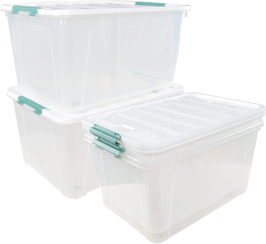 80 L Extra Large Plastic Storage Box, Clear Large Plastic Storage Bins with Wheels, 4-Pack