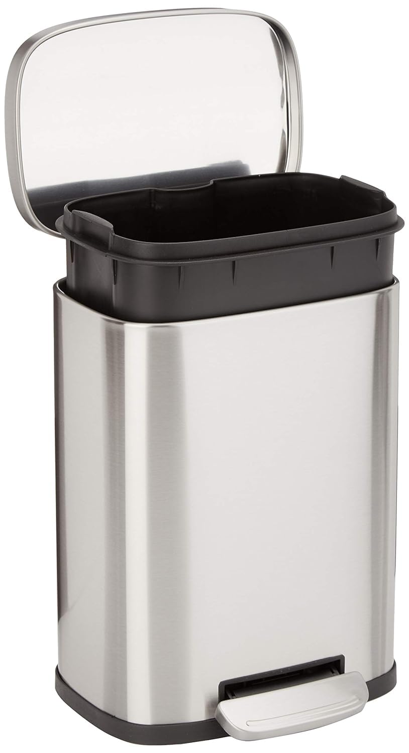Amazon Basics Smudge Resistant Mini Rectangular Trash Can With Soft-Close Foot Pedal, Brushed