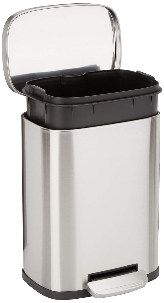 Amazon Basics Smudge Resistant Mini Rectangular Trash Can With Soft-Close Foot Pedal, Brushed