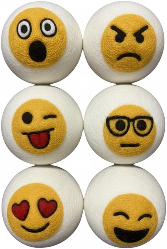 Ezhippie Quality Wool Dryer Balls - 6 XL Emoji Pack - 1000+ Loads - Pure Organic Wool - Reusable