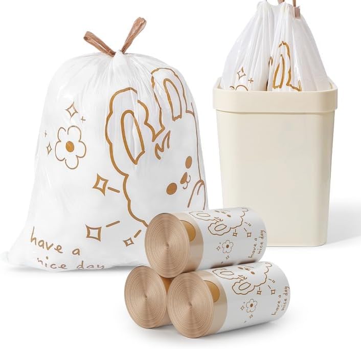 4 Gallon Trash Bags with Cute Rabbit Printed & Drawstring, Tear-Resistant Small Bathroom Garbage