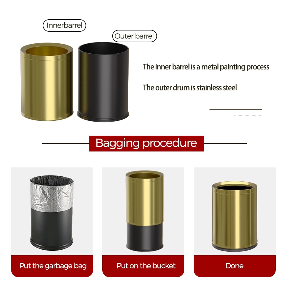 12L/3Gal Antique Brass Bathroom Trash Can,Brushed Brass Garbage can,Small Gold Wastebasket for