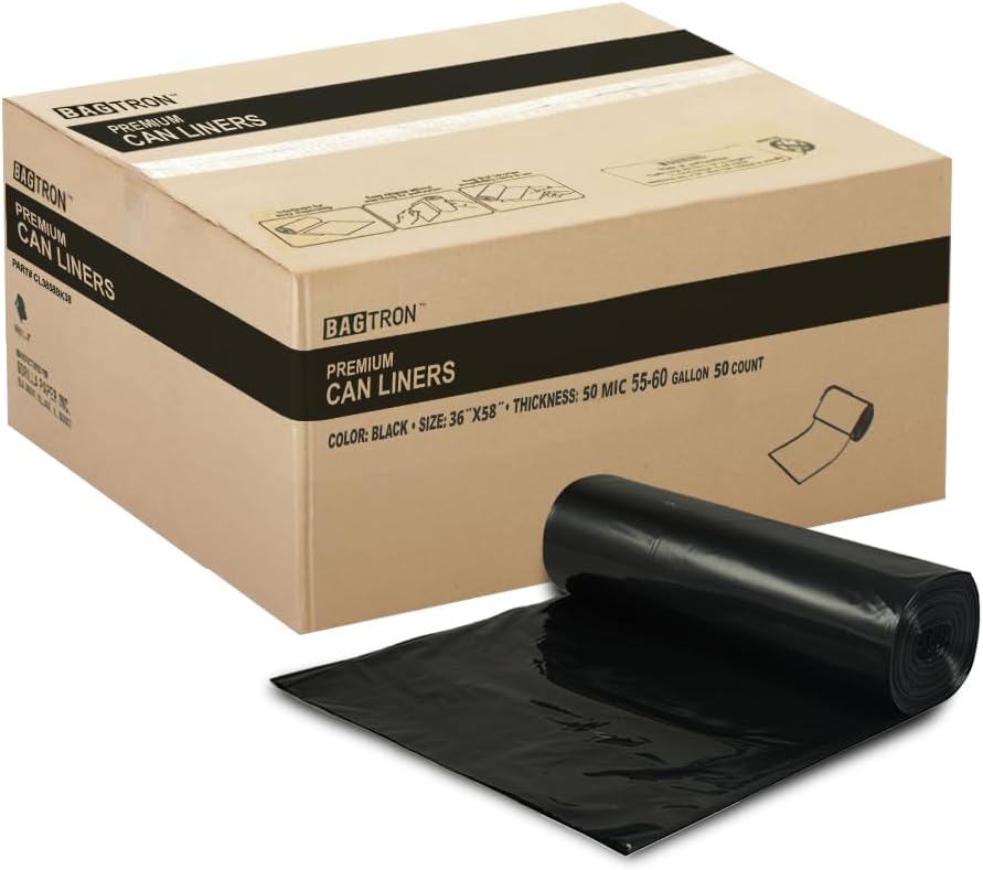 55-60 Gallon Trash Bags, 50 Micron Heavy Duty Pure LDPE Garbage Can Liners, 36" x 58" Large, Black