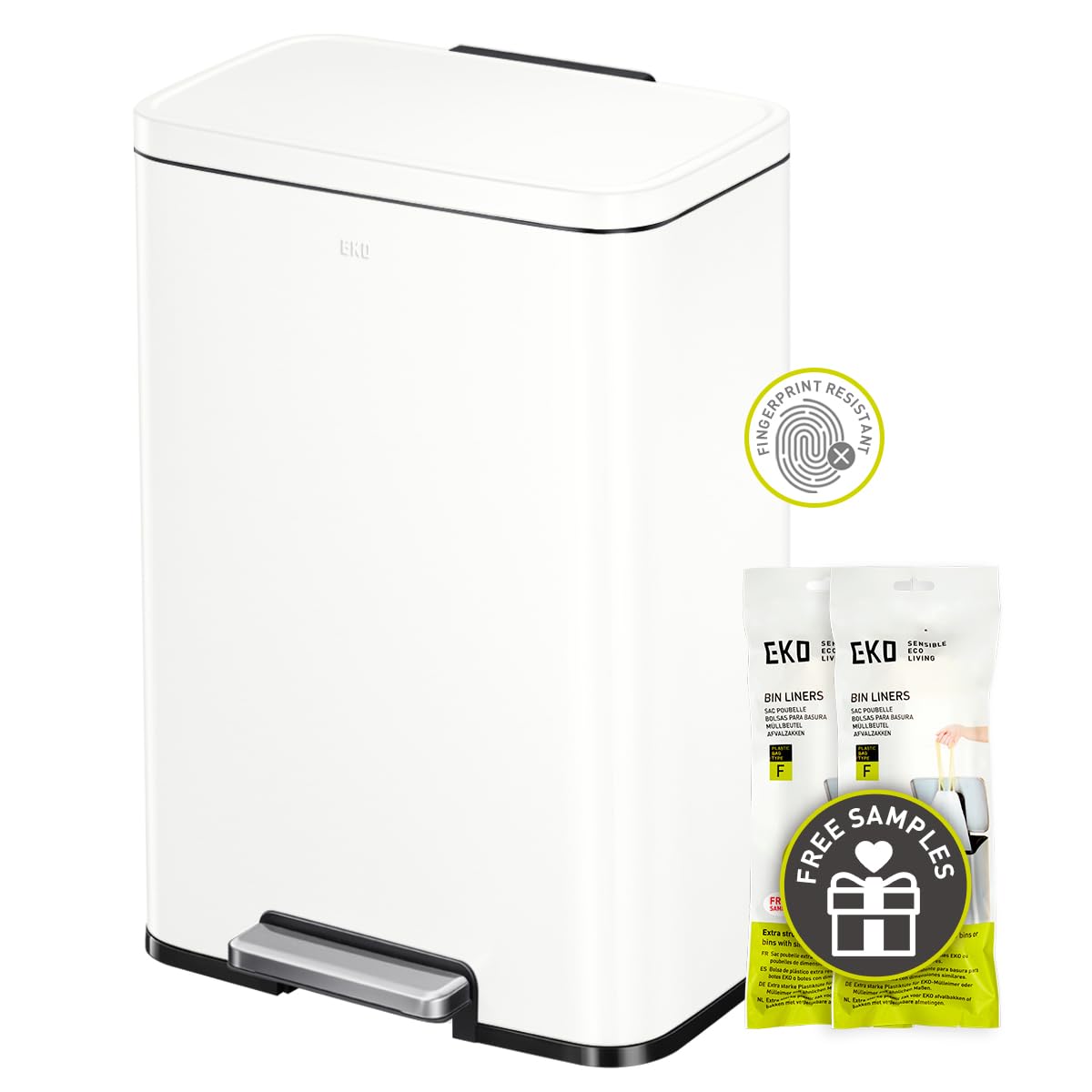 EKO Madison Matte White 50 Liter/13.2 Gallon Step Trash Can with Inner Liner - Fingerprint