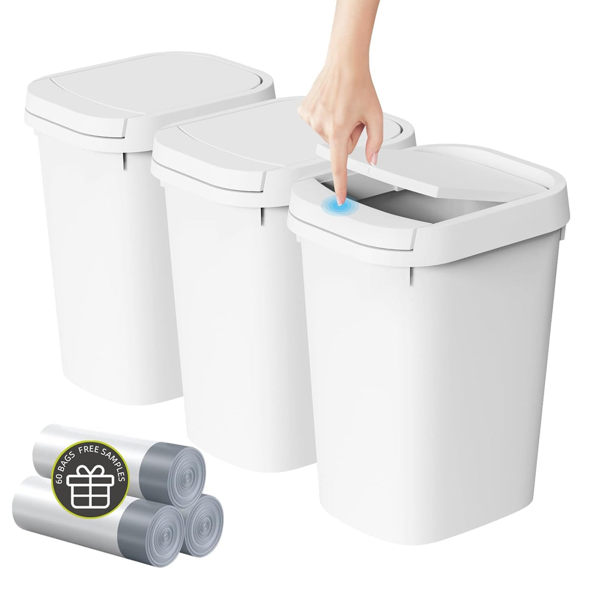 3 Pack Bathroom Small Trash Can with Lid, 2.6 Gallon Slim Garbage Bin with Pop-Up Lid, 10L Plastic