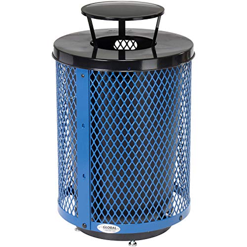 Global Industrial Outdoor Diamond Steel Trash Can with Rain Bonnet Lid, Raised Base and Plastic