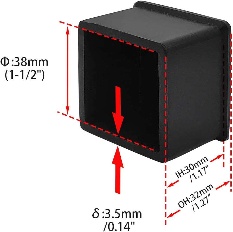 Flyshop Non-Slip Thick Rubber Leg Tips Floor Protectors Square Chair Leg Caps 38 x 38 mm, 1-1/2" x
