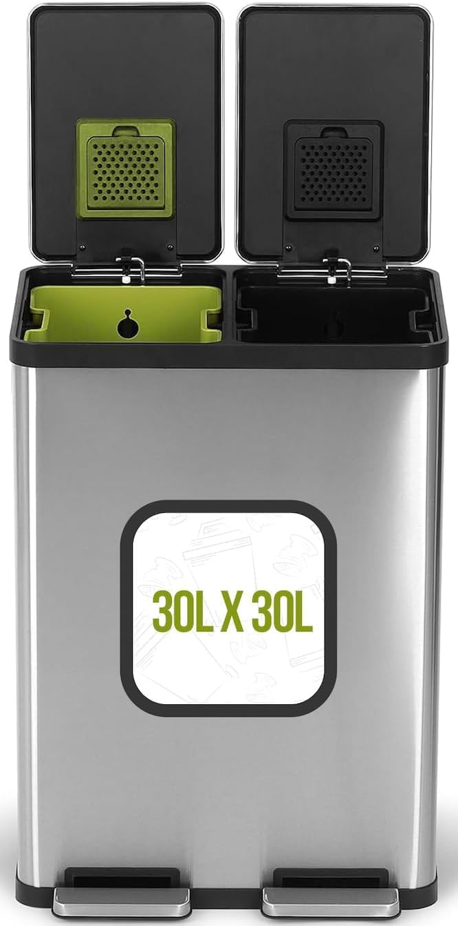 SIMPLI-MAGIC 16 Gallon (60L) Dual Compartment Step Trash Can – Kitchen Garbage Can with Waste &