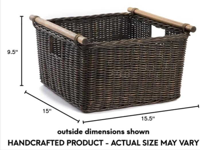 The Basket Lady Deep Pole Handle Wicker Storage Basket, Large, 15 in L x 15.5 in W x 9.5 in H