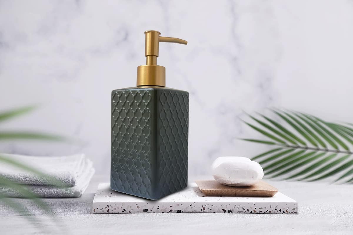 Gold Soap Dispenser for Bathroom,Retro Black Square Lotion Dispenser, Refillable Countertop Ceramic