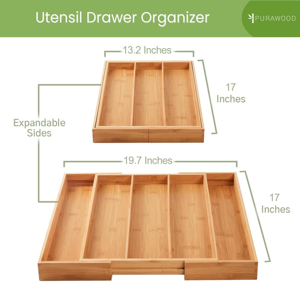 Purawood Kitchen Drawer Organizer, 2 Pack - Expandable Utensil Drawer Organizer for Kitchen