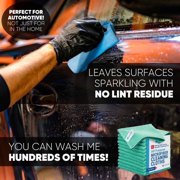 12" x 12" MW Pro Multi-Surface Microfiber Cleaning Cloths | Green - 12 Pack | Premium Microfiber