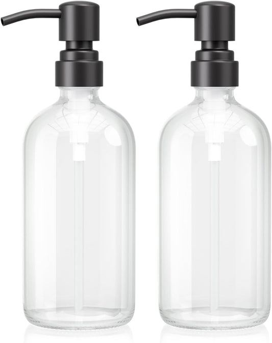 AmazerBath Soap Dispenser, 2 Pack Glass Soap Dispenser with Stainless Steel Pump, 17 Oz Bathroom