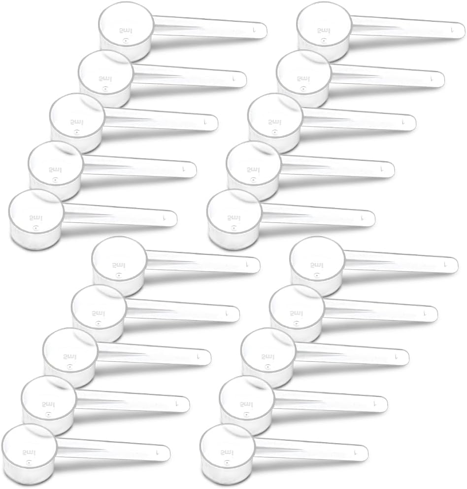 20 Measuring Spoons Set with Short Handle - 1 Teaspoon (5 ML) Clear Plastic Scoops for Creatine