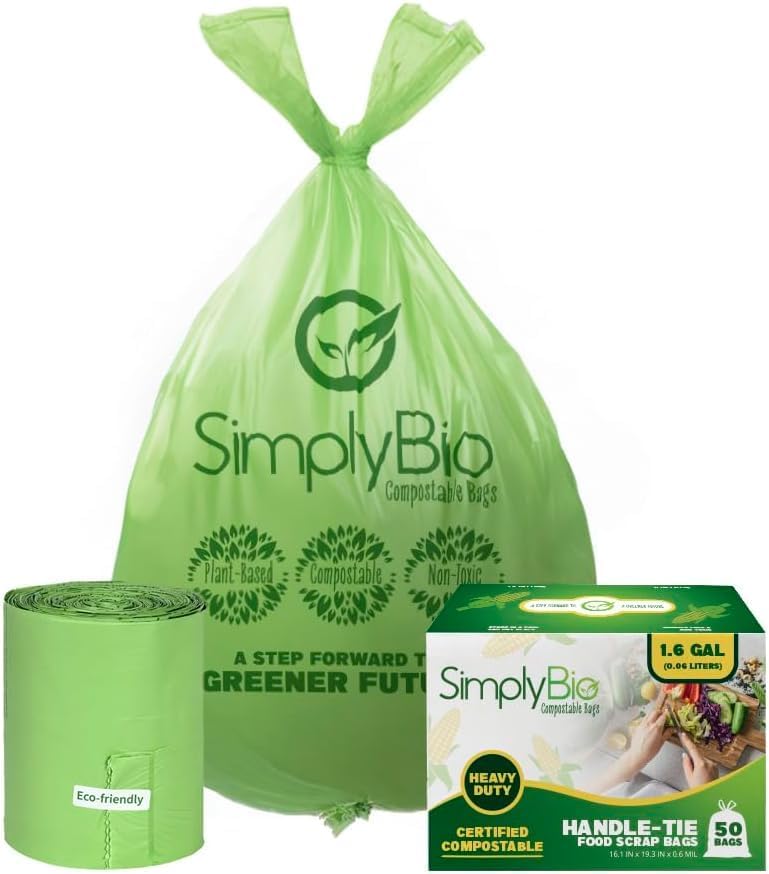 1.6 Gallon Compostable Trash Bags Handle, Heavy Duty Thick 0.6 Mil, 6.06 Liter, 50 Bags, Small