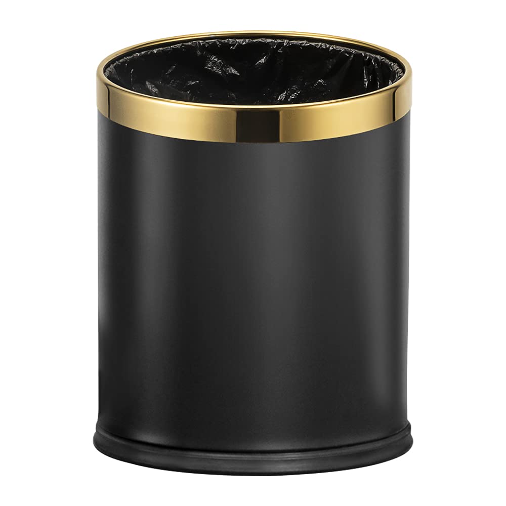 10L/2.6GAL Black and Gold Open Top Trash Can - Metal Trash Bin Without Lid for Office, Hotel