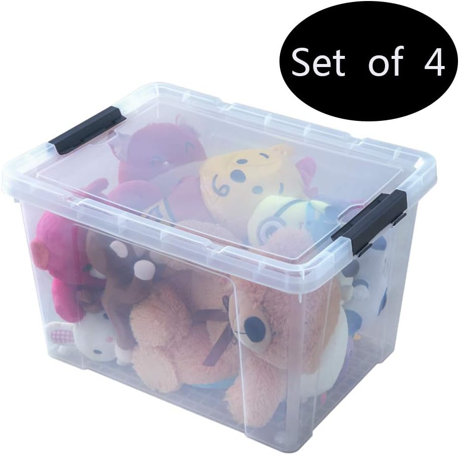 Ggbin 34 Quart Clear Lidded Storage Container Tote, Plastic Storage Box Bin with Black Latch, 4