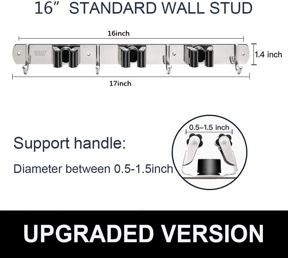 IMILLET Broom and Mop Holder Wall Mounted, Stainless Steel Broom Holder Mop Holder Self Adhesive