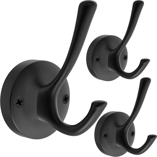 Black Wall Hooks Towel Hooks, 3 Pack Coat Hooks Robe Hook Heavy Duty Metal Double Bath Hook Wall