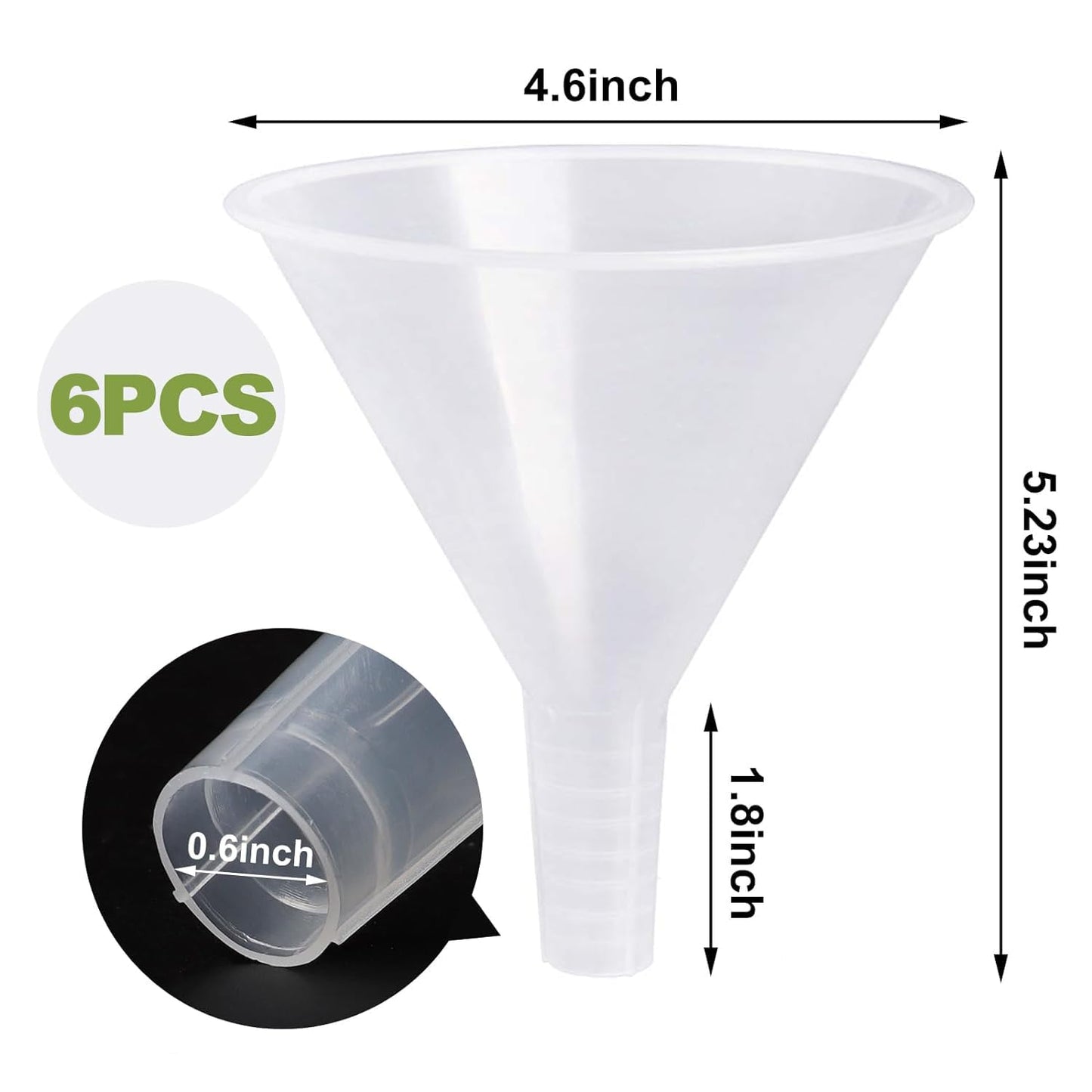 6 Pack Plastic Funnels, 4.6 Inch Multi-Purpose Clear Plastic Funnels with Long Reaching Spout for