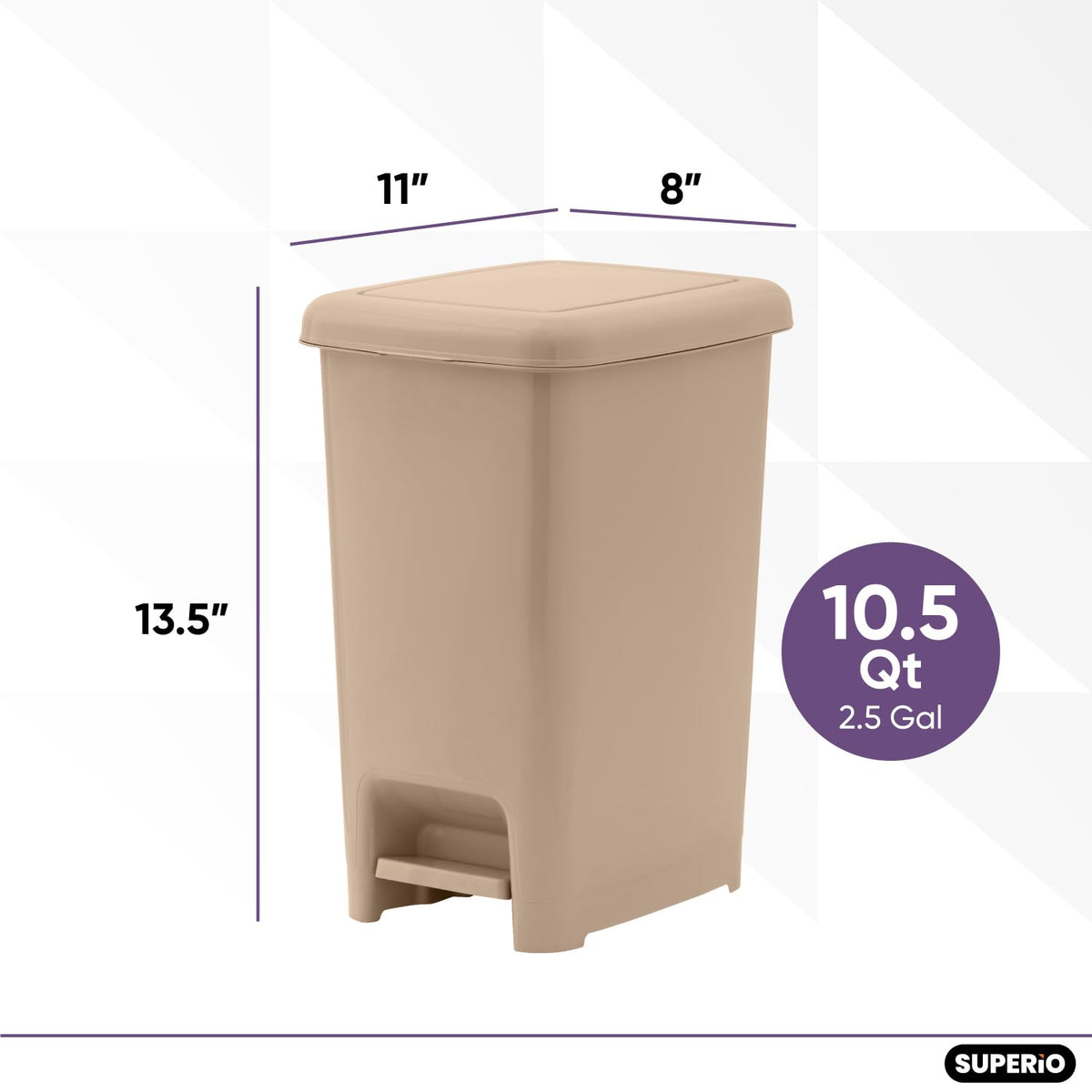 Superio Slim Step On Trash Can, Beige Waste Bin with Foot Pedal Lid 26 Liter, Kitchen, Under Desk