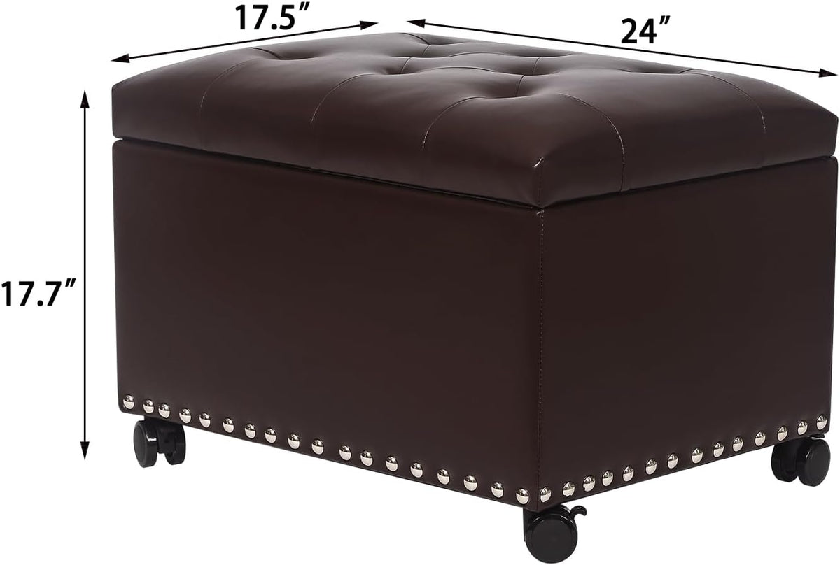 Joveco Leather Storage Ottoman with 360° Caster Wheels 24" Foot Rest Bench Rectangle Ottomans Stool