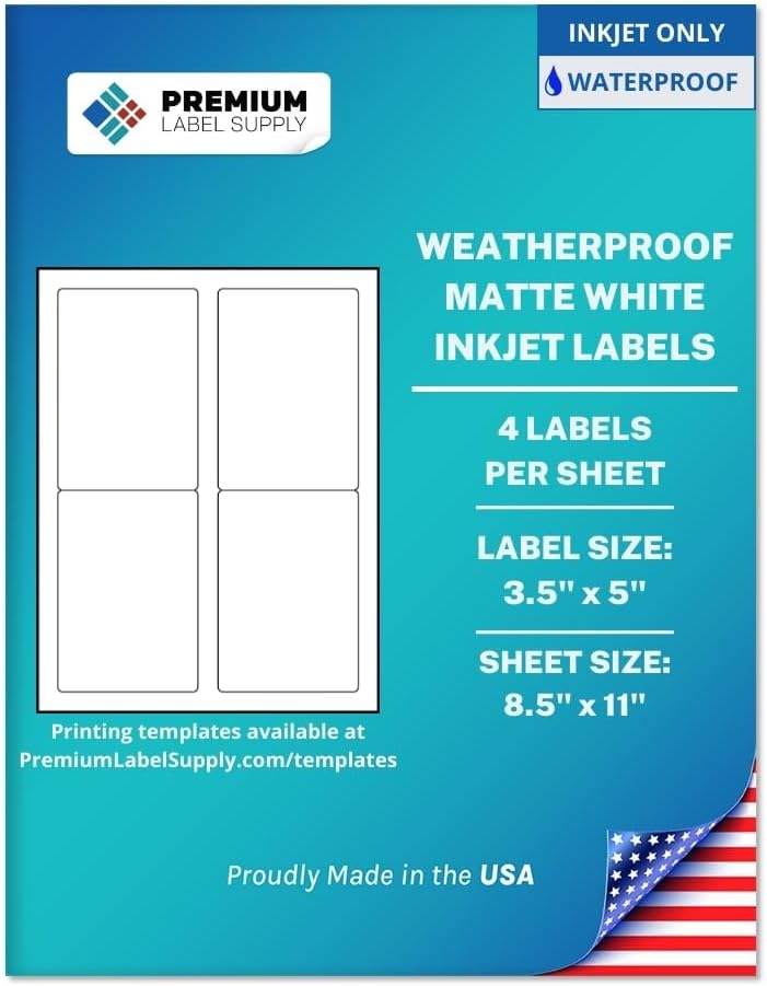 Premium Label Supply Waterproof Matte White Sticker Labels – 3.5" x 5" – Inkjet Printers Only – (4