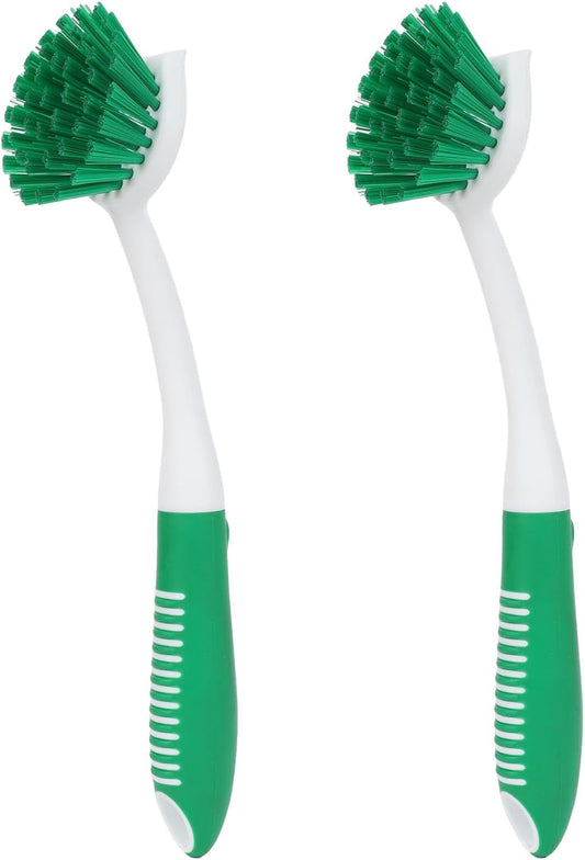 Dish Brush with Handle, 2 Pack Scrub Brushes with Built-in Scraper for Cleaning Kitchen, Pots, Pans