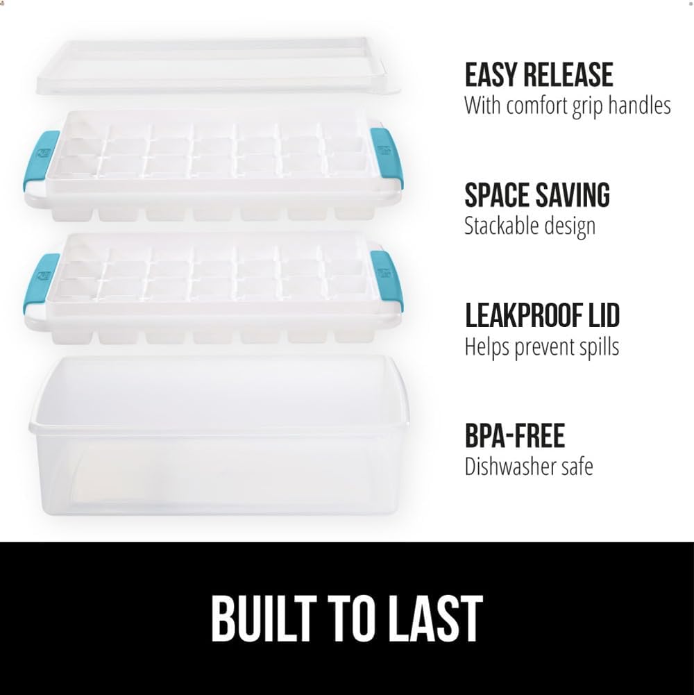 GORILLA GRIP Stackable Ice Cube Tray and Bin Set for Freezer, Includes 2 Trays with Lid and