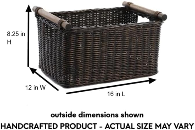 The Basket Lady Pole Handle Wicker Storage Basket, Medium, 16 in L x 12 in W x 8.25 in H, Antique