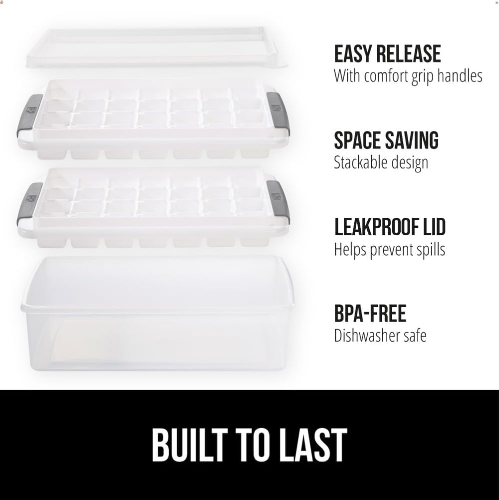GORILLA GRIP Stackable Ice Cube Tray and Bucket Set for Freezer, Includes 2 Trays with Lid and