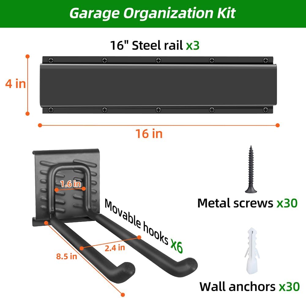 Garage Organization, Garage Wall Organizer with 48 inches Rails and 6 Hooks, Tool Organizers Heavy