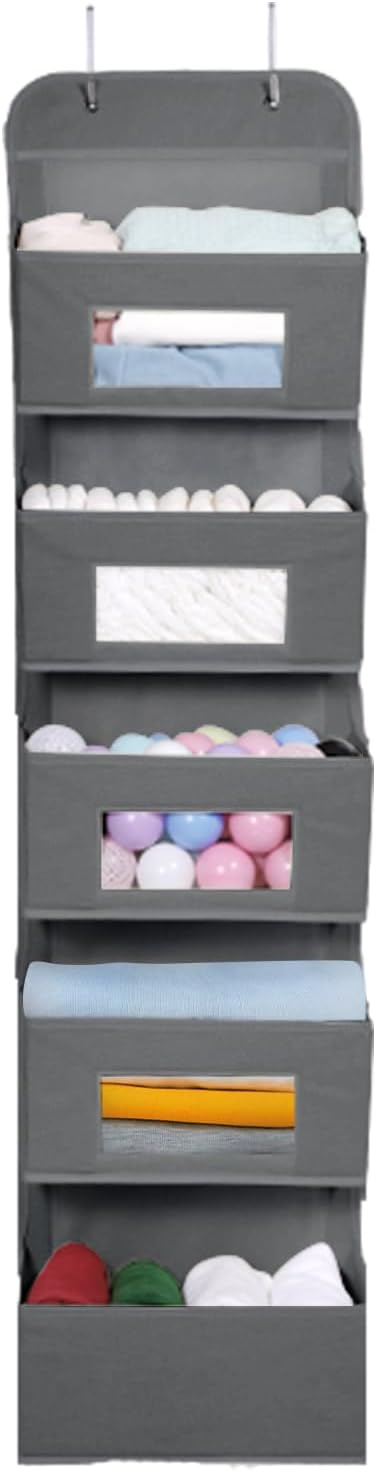 MAX Houser 5-Shelf Over The Door Hanging Organizer with 2 Metal Hooks, 5 Pocket Over The Door Wall