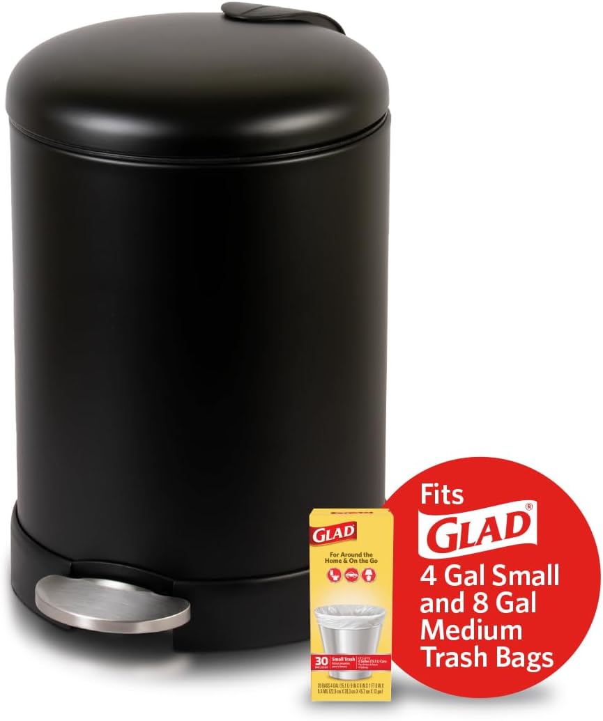 Glad Small Trash Can, 1.2 Gallon | Round Stainless Steel Garbage Bin with Soft Close Lid & Step