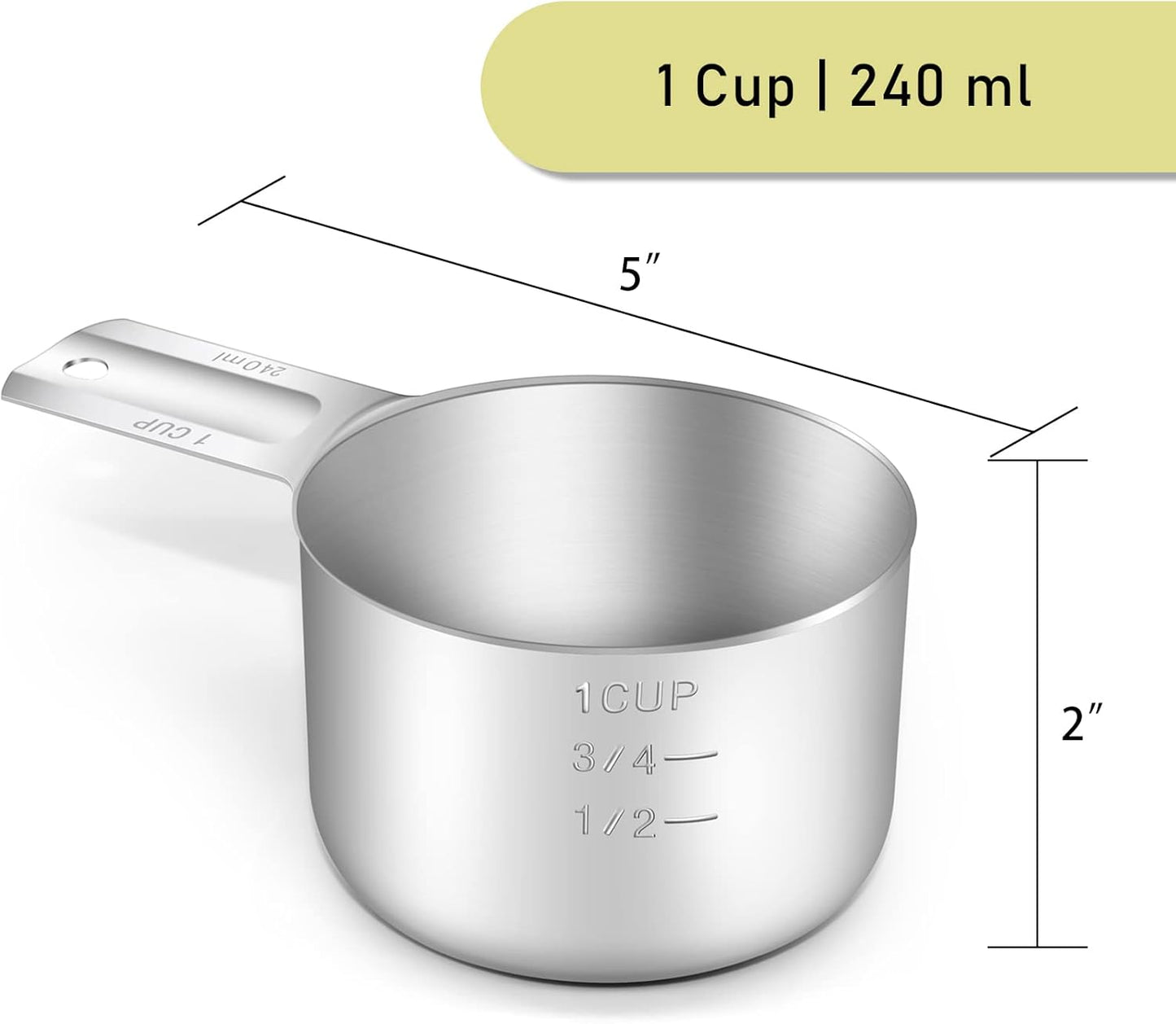 4PCS 1Cup (240ml, 8oz) Single Measuring Cup, Stainless Steel Measure Scoop, Metric and US