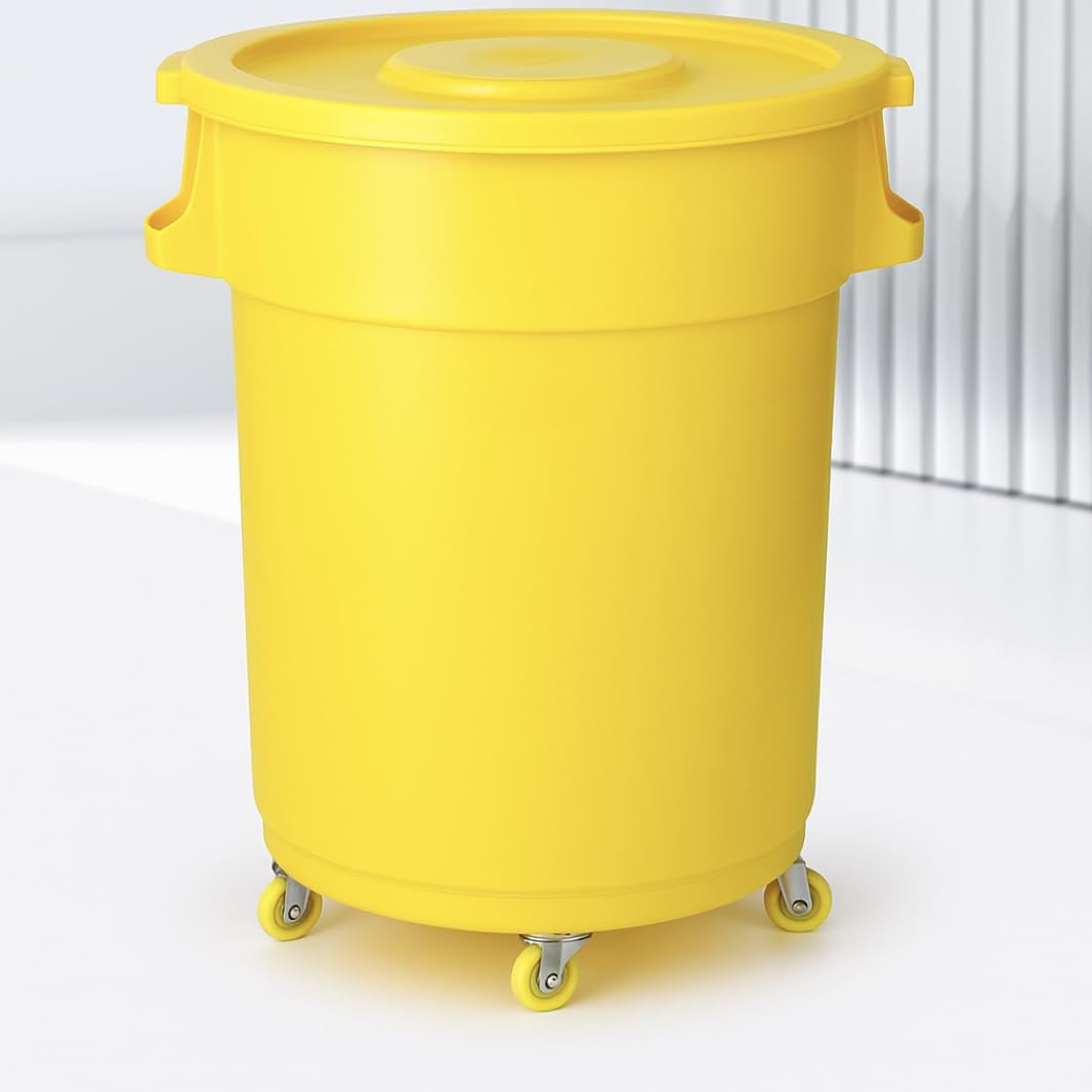 32-Gallon Round Commercial Trash Can with Lid and Dolly – Heavy-Duty Plastic Garbage Bin for