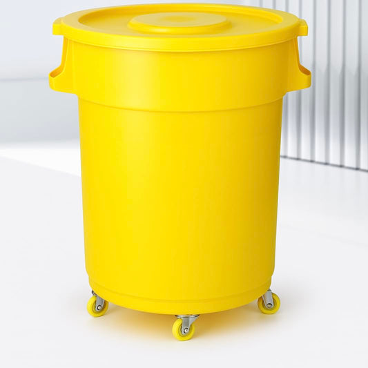 32-Gallon Round Commercial Trash Can with Lid and Dolly – Heavy-Duty Plastic Garbage Bin for