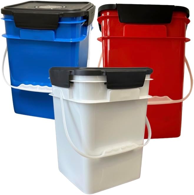 House Naturals 4 Gallon Square Food Grade Bucket Pail with Plastic Handles and Lid (Pack of 3) Made