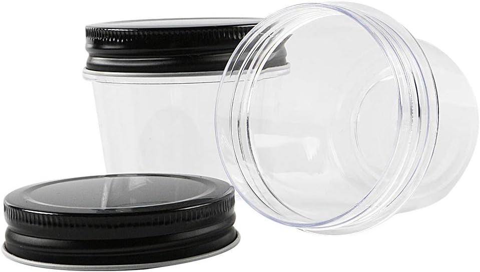 Novelinks 4 Ounce Plastic Jars with Black Lids - Refillable Round Clear Containers for Kitchen &
